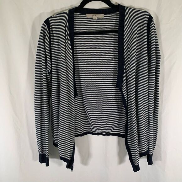 LOFT Cardigan Women's Medium Blue White Striped Knit Open Front 100% Cotton - Picture 1 of 9
